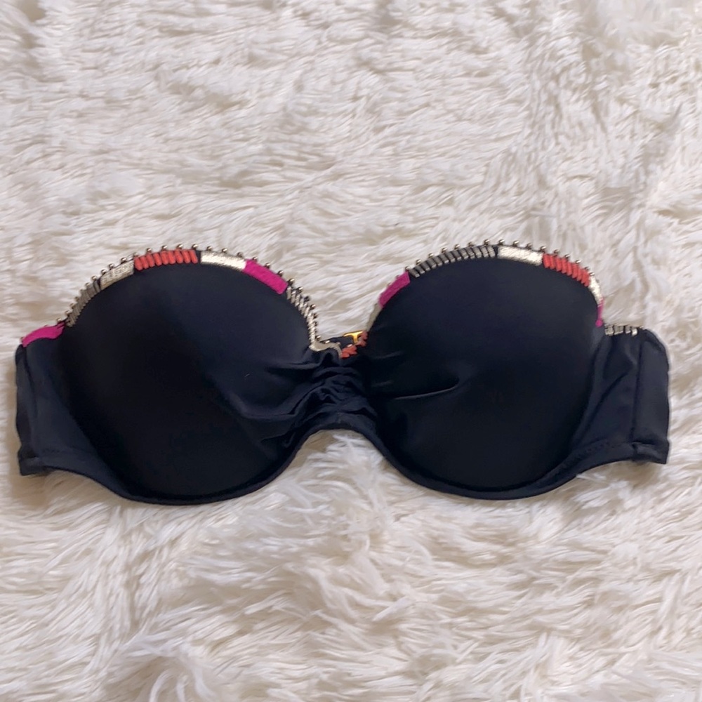Victoria’s Secret Black Pink Embroidery & Studded Bikini Swim Top Size 34B